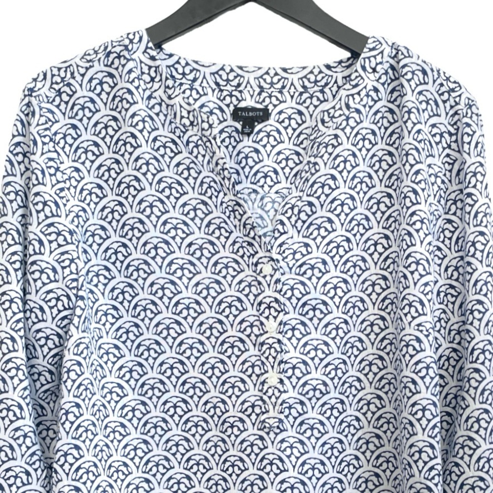 Talbots Linen Blouse, Lightweight Patterned Shirt, Blue & White, Size Large - Picture 6 of 10